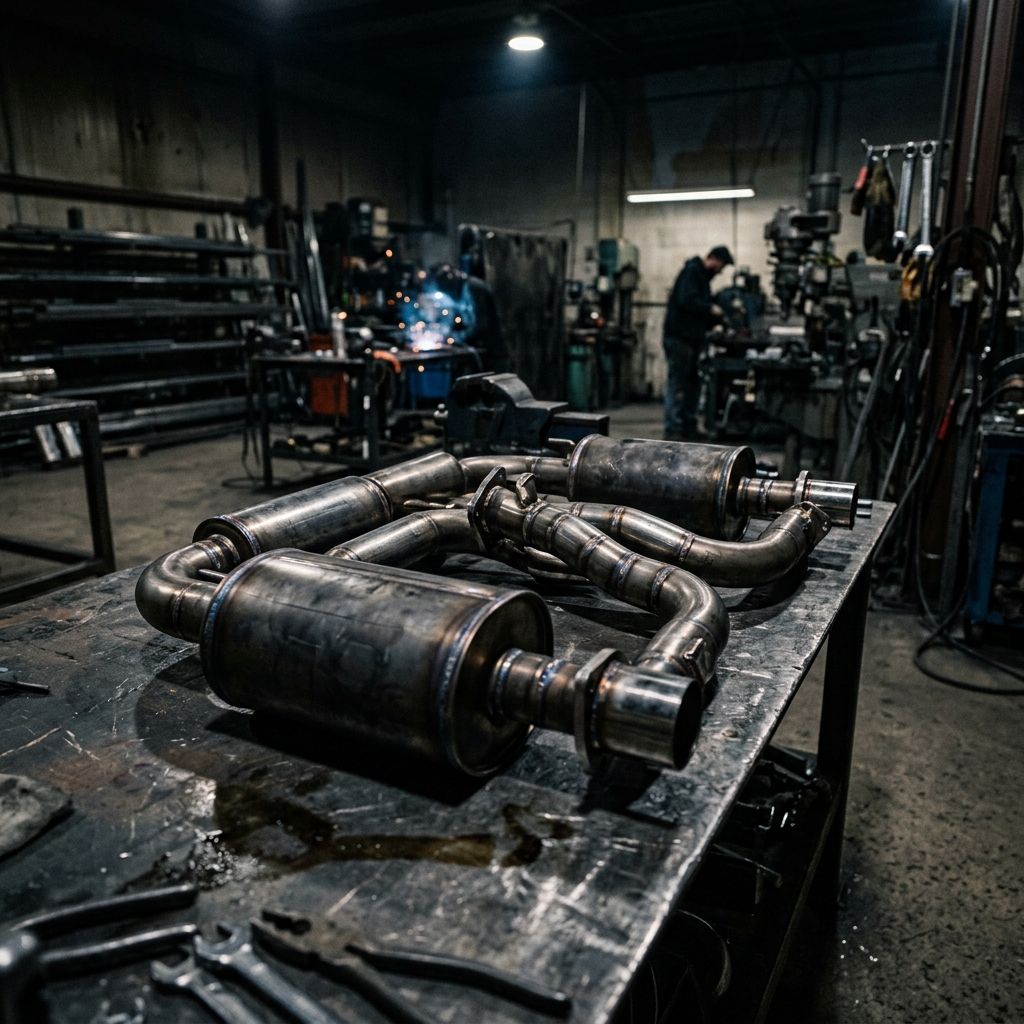 Stainless mufflers and parts in the workshop